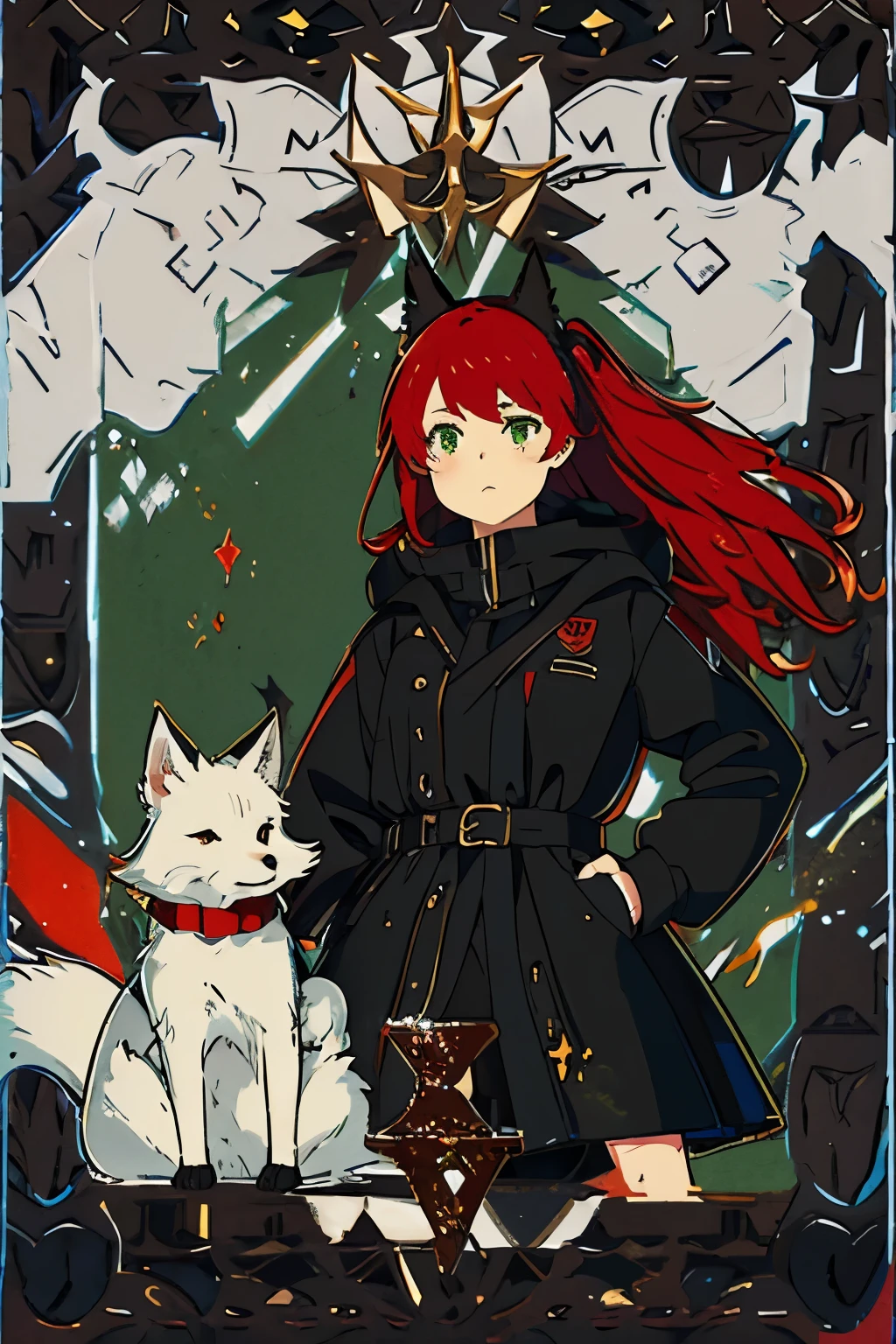 ((best quality)), ((masterpiece)), (detailed), perfect face, 1girl, solo, long hair, red hair, green eyes with vertical pupil, fox ears, long black coat, black fur hood, red fox tail