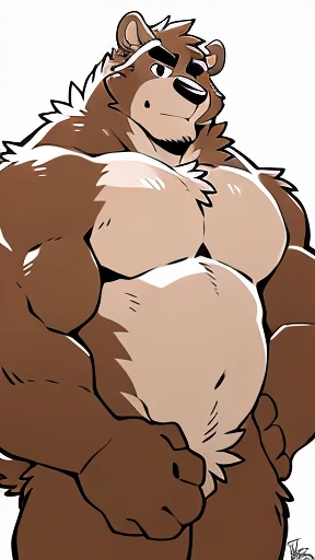 by takemoto arashi, (1boy), solo, male anthro, kemono, (dark red bear), (white torso), (((naked))), hot body, gut, muscle-gut, muscle, hunk, sexy, bara, handsome boy, (detailed black eyes), (masterpiece, high res, best quality), 4k, soft skin, warm color