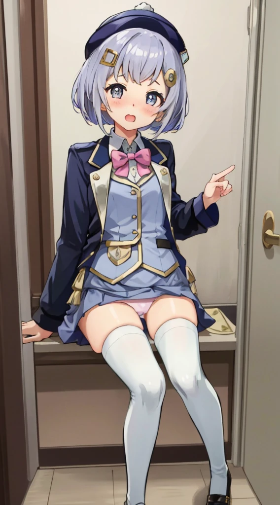 A masterpiece in every detail、highest quality、Realistic、1 girl、solo、18-year-old、looks like a 5 year old、140cm beautiful girl、5 year old baby face、Silky Hair、Gradient Bob Forward、Pink and purple mesh、low price、 Big eyes、Outstanding looks、lovly、laughter、blush、full of embarrassment、blue hat、shin、pink bow tie、uniform、青いJacket、Jacket、skirt、グレーskirt、shirt、white、feet、black socks、Topless、hair ornaments、interior view、Beautiful eyes in every detail、realistic eyes、panties 、((((pantiesをプレゼント、パンティーを手に持つ、パンティーを両手で持つ))))