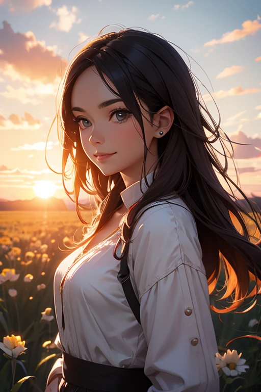 a woman  smiling standing in a field with the sun setting behind her and her hair in the air, looking straight ahead, girl, a character portrait, rayonism
masterpiece, best quality, intricate detail,