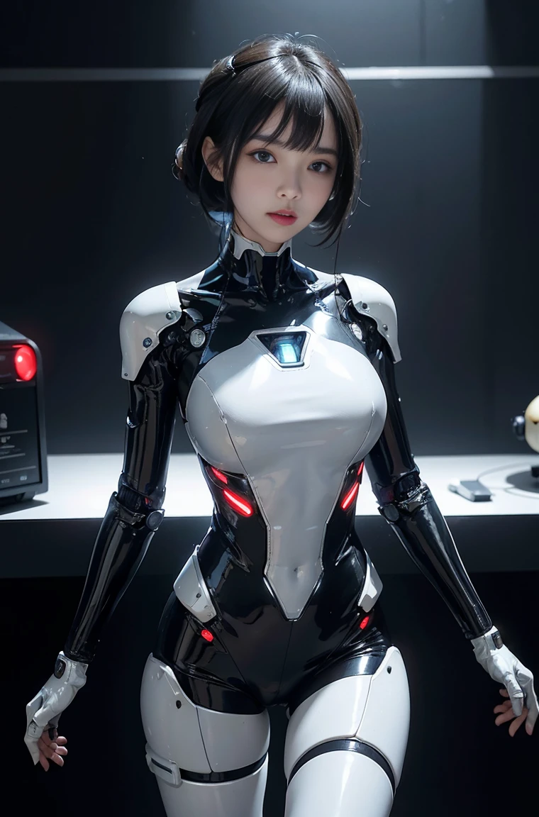 (lifelike:1.4), (original photo)masterpiece, best quality, Very detailed, (8k, 4K, best quality, high resolution, 超high resolution:1.1), 8k portrait,1 girl in, Japaese Android girl,announcer,full ,金属robot女孩,银色robot女孩, control Panel,Android,robot,Manipulator, robot手臂和腿, black hair,Mechanical body,blunt bangs,白色robot零件,完美的robot女人,charging point,long tube,A thick cable is attached to her neck,Android,robot人形,a little fat,Full eyes,perfect mechanical Silver body,Silver body,The assembly plant of the future,she has fixed it,Black sponge connector,Android assembly plant,Android,laboratory,Perfect body,Metal body,Silver body,silver man,Removable cover located at groin,The connection port is located in the groin,Perfect mechanical breasts,One-piece suit,