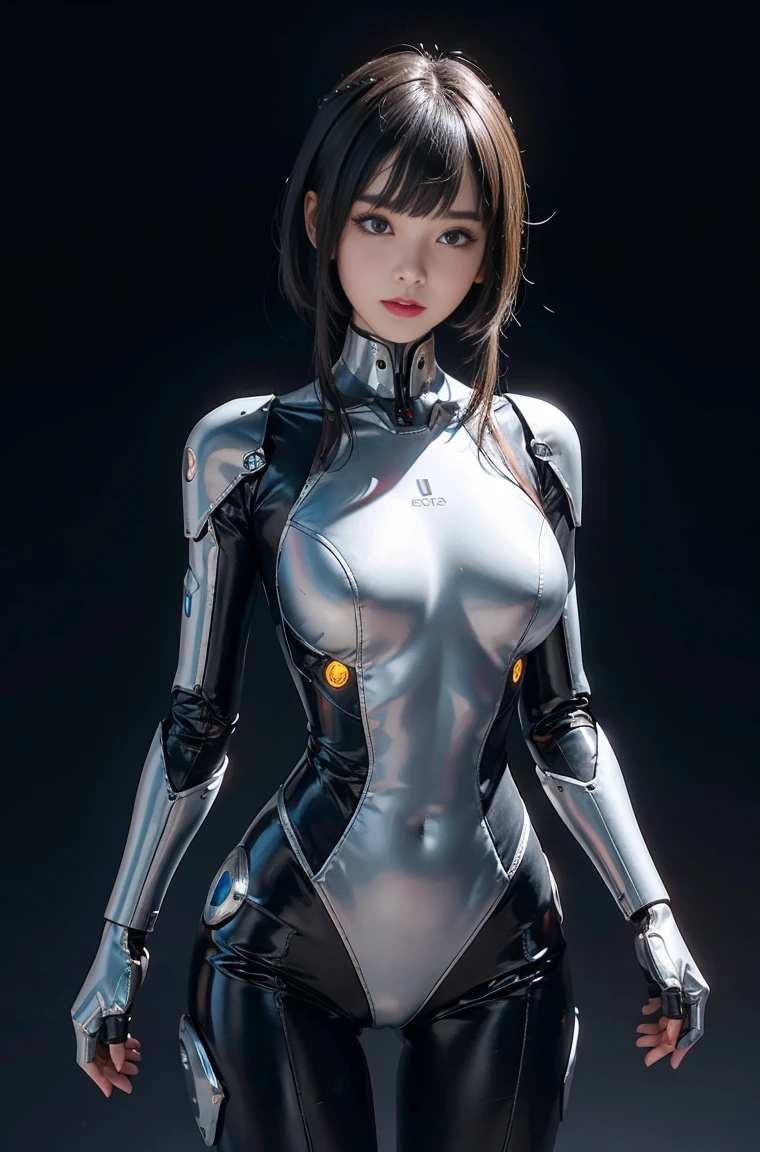 (lifelike:1.4), (original photo)masterpiece, best quality, Very detailed, (8k, 4K, best quality, high resolution, 超high resolution:1.1), 8k portrait,1 girl in, Japaese Android girl,announcer,full ,金属robot女孩,银色robot女孩, control Panel,Android,robot,Manipulator, robot手臂和腿, black hair,Mechanical body,blunt bangs,白色robot零件,完美的robot女人,charging point,long tube,A thick cable is attached to her neck,Android,robot人形,a little fat,Full eyes,perfect mechanical Silver body,Silver body,The assembly plant of the future,she has fixed it,Black sponge connector,Android assembly plant,Android,laboratory,Perfect body,Metal body,Silver body,silver man,Removable cover located at groin,The connection port is located in the groin,Perfect mechanical breasts,One-piece suit,