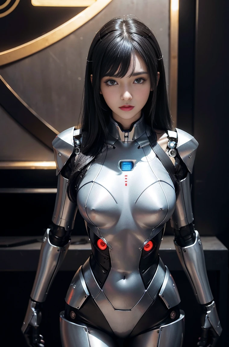 (lifelike:1.4), (original photo)masterpiece, best quality, Very detailed, (8k, 4K, best quality, high resolution, 超high resolution:1.1), 8k portrait,1 girl in, Japaese Android girl,announcer,full ,金属robot女孩,银色robot女孩, control Panel,Android,robot,Manipulator, robot手臂和腿, black hair,Mechanical body,blunt bangs,白色robot零件,完美的robot女人,charging point,long tube,A thick cable is attached to her neck,Android,robot人形,a little fat,Full eyes,perfect mechanical Silver body,Silver body,The assembly plant of the future,she has fixed it,Black sponge connector,Android assembly plant,Android,laboratory,Perfect body,Metal body,Silver body,silver man,Removable cover located at groin,The connection port is located in the groin,Perfect mechanical breasts,One-piece suit,