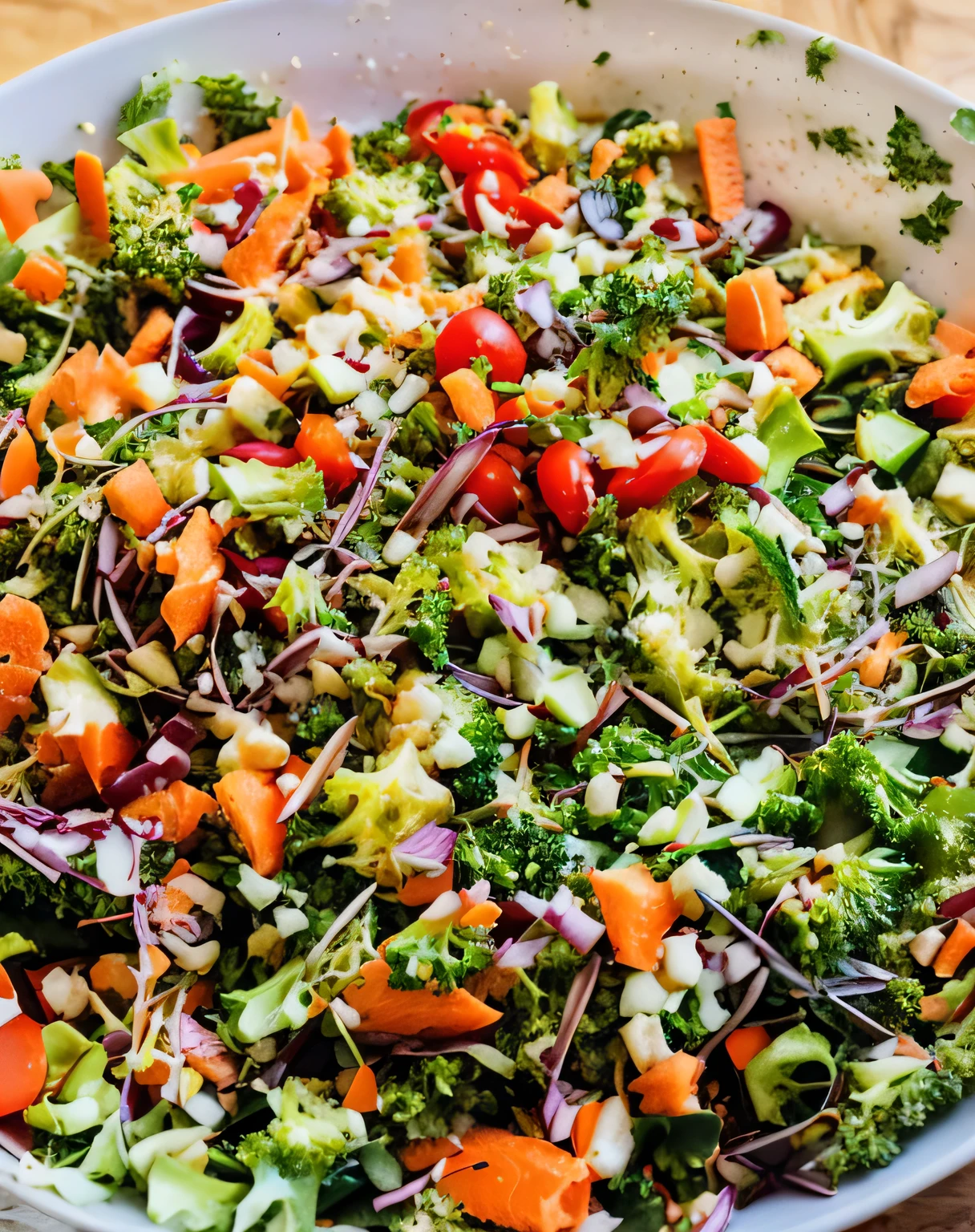 there is a bowl of salad with broccoli, carrots, and sprouts, salad, by Joe Bowler, multicoloured, cutting a salad, taken on iphone 14 pro, by Daniel Lieske, yummy, vibrant and powerful, perfectly detailed, competition winning, by Meredith Dillman, taken on iphone 1 3 pro, multi - coloured