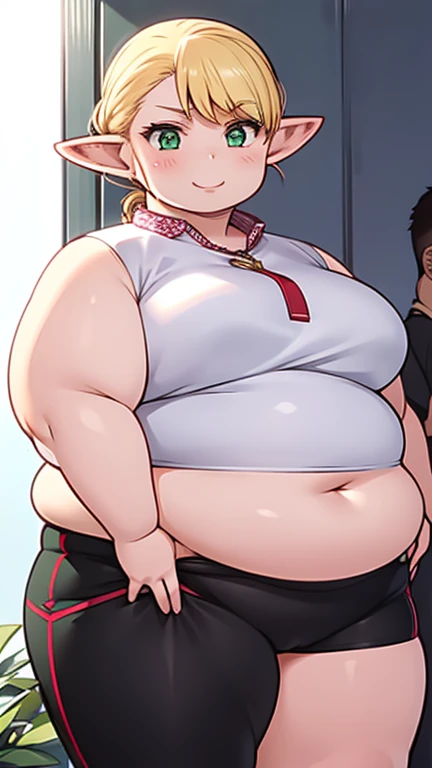 ((Masterpiece)), 1 solo girl, fat erufuda, short hair, pointy ears, obese elf, blonde hair, (green eyes:1.5), braid, ((Perfect body)), smile, hot, thick thighs, very cute, 4K