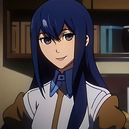 Long blue hair, lock of hair covering left eye,brown eyes, smiling.