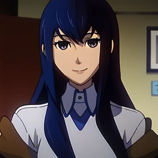 Long blue hair, lock of hair covering left eye,brown eyes, smiling.