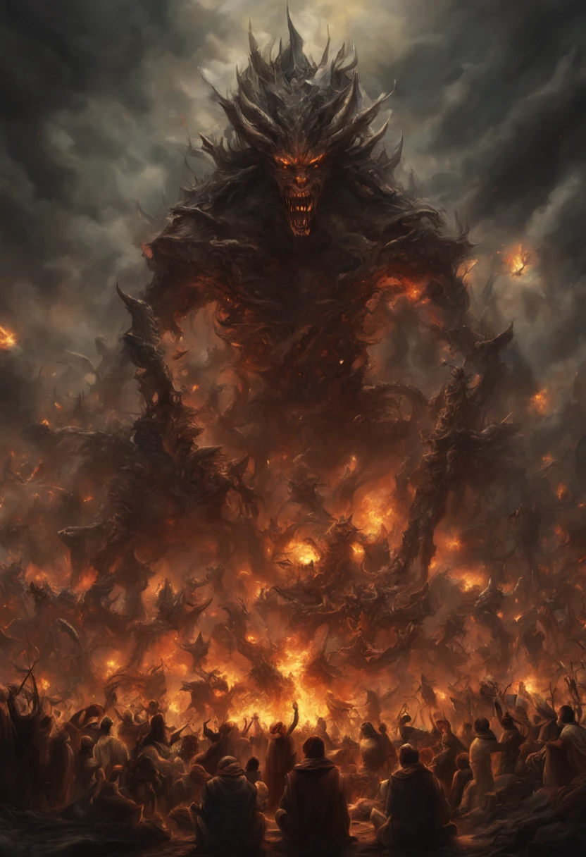 a hell king sitting center of crowds alien attack, so many monster arround, dark, angel in sky,Highest resolution, distinct_image) Excellent, masterpiece, high detail,smoke,fire,dead,macig,
