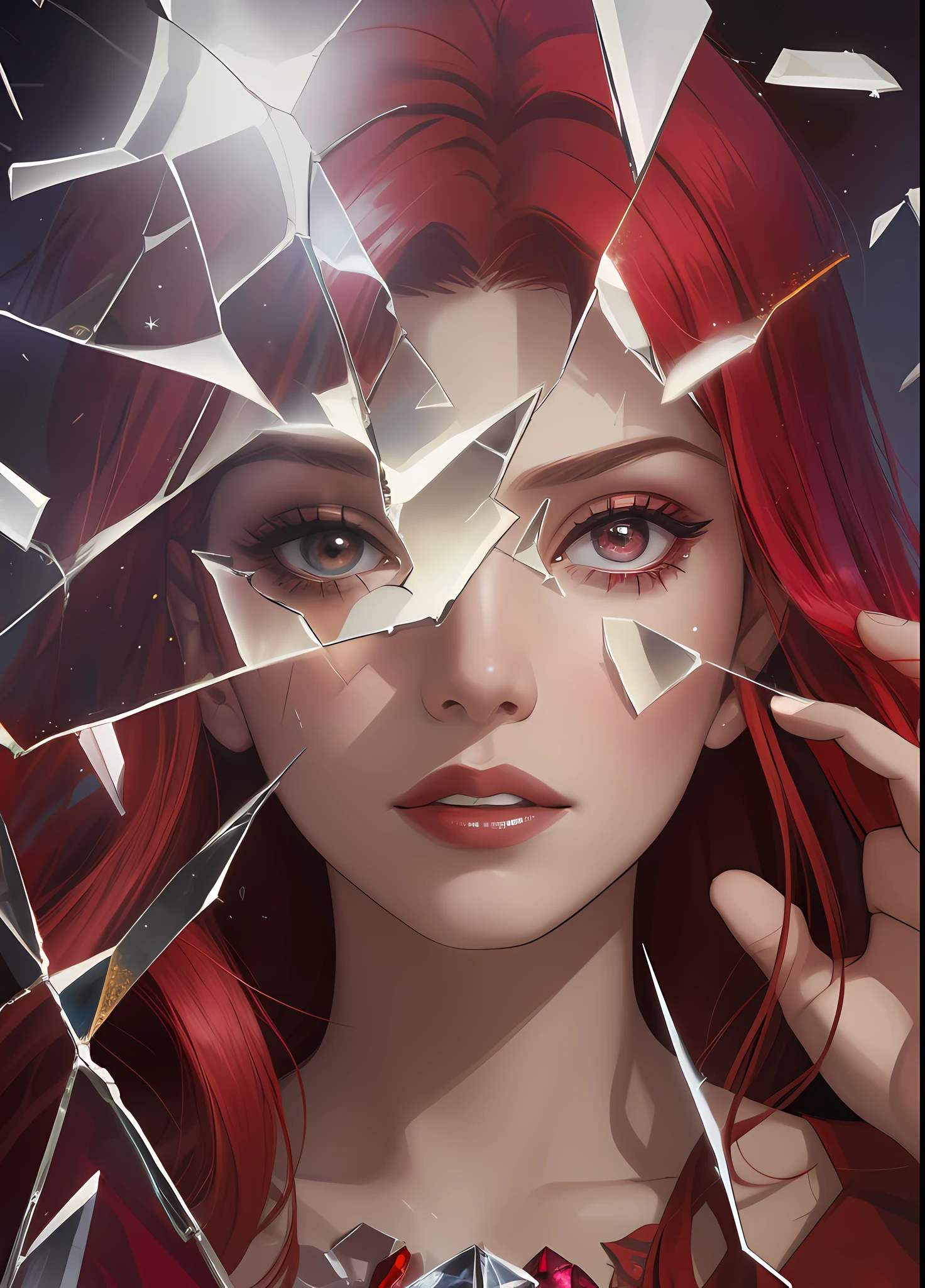 a close up of a woman with a broken mirror on her face, artist unknown, jean grey, seen through broken glass, movie artwork, fanart, by Amelia Peláez, scarlet witch, broken mirrors composition, by Galen Dara, shattered, by Gavin Nolan, cover shot, sad christina hendricks, terrified 👿, broken mirror, gorgeous art, scarlet witch marvel, the face in the glass shards is of a different woman