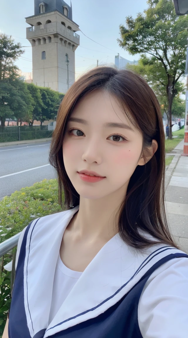 (8k,best quality,masterpiece:1.2),(realistically,realistically,photorealistic:1.37),1 girl,Ultra-detailed,Beautiful and delicate eyes,Beautiful nose details,Short-sleeved sailor suit,Upper body close-up,Attractions,((stand up)),roof,railing,Small town,tower,telephone pole,plant,front camera