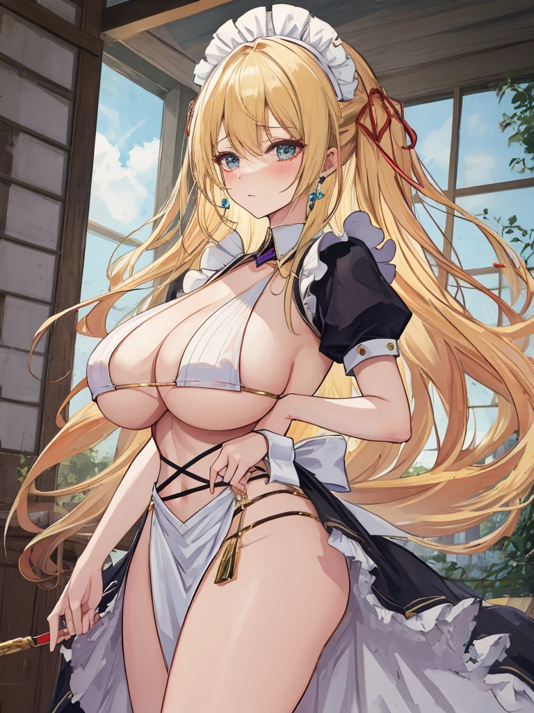A woman with big ,Gorgeous woman,clavicle,Prominent and smooth underboob,long blonde hair,Chief maid,exquisite,thin waist,pubic,long legs,shed tears,Fear,