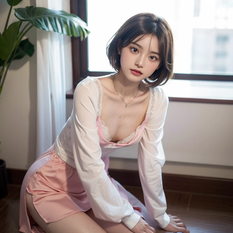 Downblouse, 15 years old, munechira,(((small breasts))), looking away, leaning forward,bending over , from side , close up, necklace ,in wedding party reception,long sleeves loose dress,besides decolated detailed bra within,long skirt, short hair