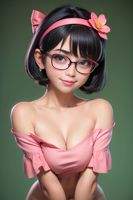 1girl, cute japanese girl, big eyes, sensual face, seductive smile, solo, stylist short hair, naked,   spread legs, neon blue eyes, double eyelids, , red sensual lips, perfect round breast, small breast, erotic, nsfw, glasses, blush, seductive smile, cute face, looking at viewer, sexy pose, bright green flat background, dark black hair, simple background, sexy pose, lips, closed mouth, ribbon, hair ribbon, stellar earings, bangs, full body, parted bangs, red ribbon