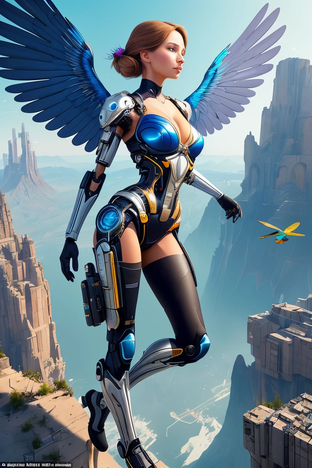 In the heart of a surreal landscape, a beautiful half-human, half-cyborg woman floats mid-air. In her hand, a vibrant and colorful bird takes flight. The destructed background, painted with hues of chaos and desolation, contrasts starkly against her ethereal presence. The scene is captured in ultra-definition, every detail meticulously rendered in the realistic-imagine style. With a resolution of 16k, every feather on the bird's wings, every curve and contour of her cyborg body, is brought to life in breathtaking detail. The different styles of imagine are subtly woven together, creating a masterpiece that defies