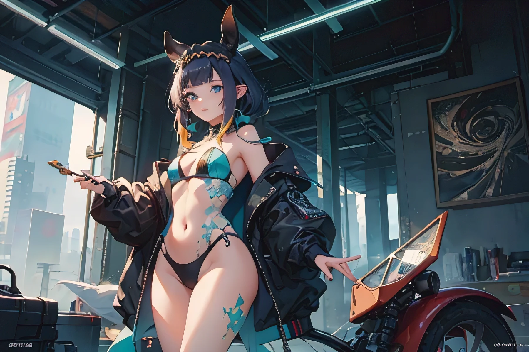 (obra de arte, maximum quality, melhor qualidade, arte oficial, Beauty and aesthetics: 1.2), (1 garota: 1.3), (arte fractal: 1.3), Olhos Azuis Aqua Vibrantes, Medium Hair with Tassels, Naked middle part, mostrando a bunda, de costas, cyberpunk de cenario, bunda maior, coxas maiores, bunda grande, olhos de anime