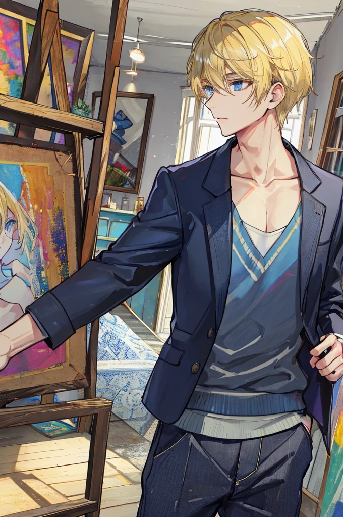 a handsome man,adult,blond,blue eyes,clavicle,Jacket,long trousers,art studio,