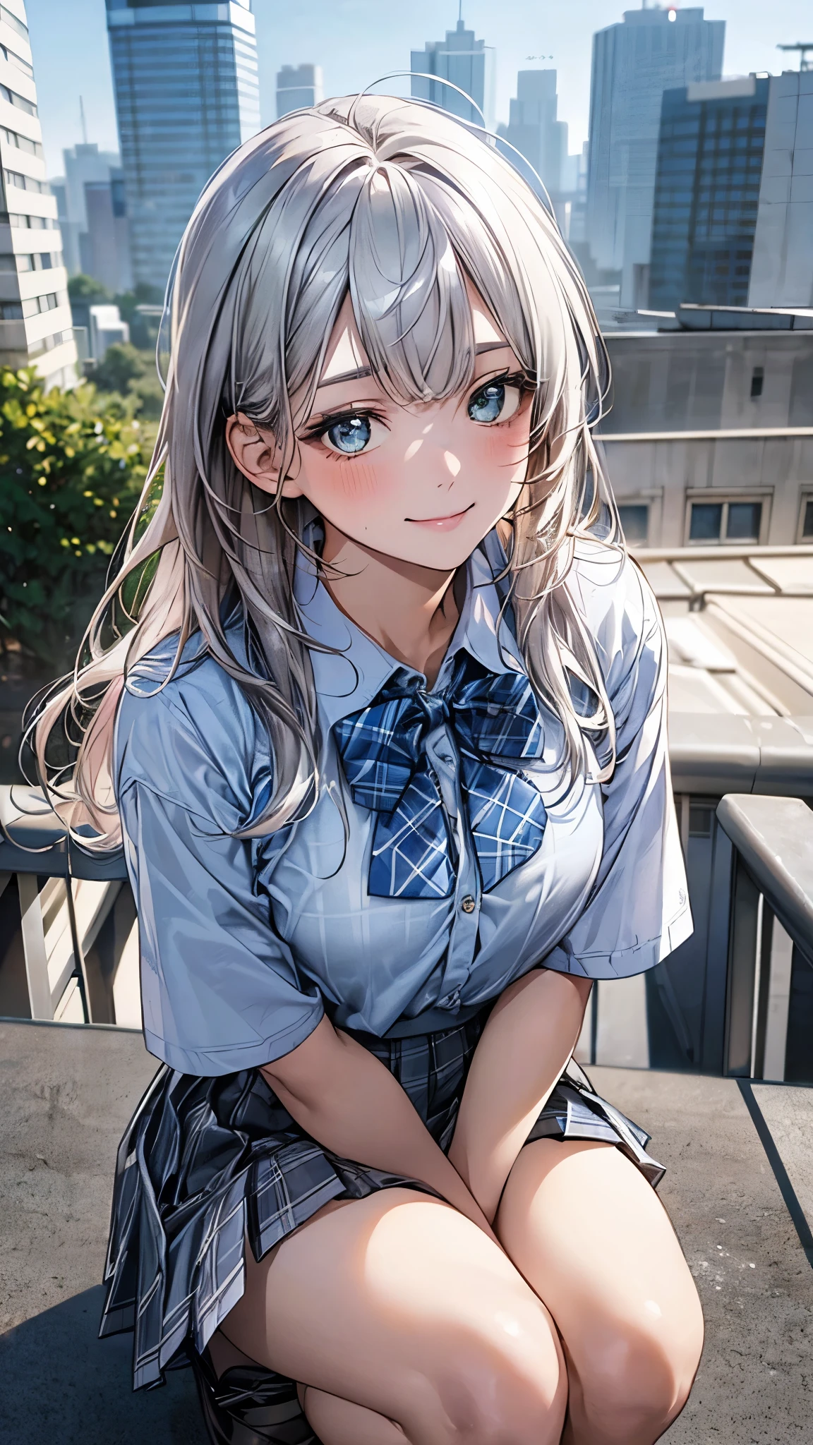 (masterpiece:1.2, top-quality), (realistic, photorealistic:1.4), beautiful illustration, (natural side lighting, movie lighting), nsfw,
looking at viewer, panty shot, front view:0.6, 1 girl, japanese, high school girl, perfect face, cute and symmetrical face, shiny skin,
(long hair:1.5, messy hair:1.2, silver hair), swept bangs, gold eyes, drooping eyes, long eye lasher, (large breasts:0.6),
beautiful hair, beautiful face, beautiful detailed eyes, beautiful clavicle, beautiful body, beautiful chest, beautiful thighs, beautiful legs,
((symmetrical clothing, light blue collared shirts, grey pleated skirt, blue plaid bow tie), pink panty, ), black socks,
(beautiful scenery), morning, school rooftop, squatting, spread legs, (lovely smile, upper eyes),