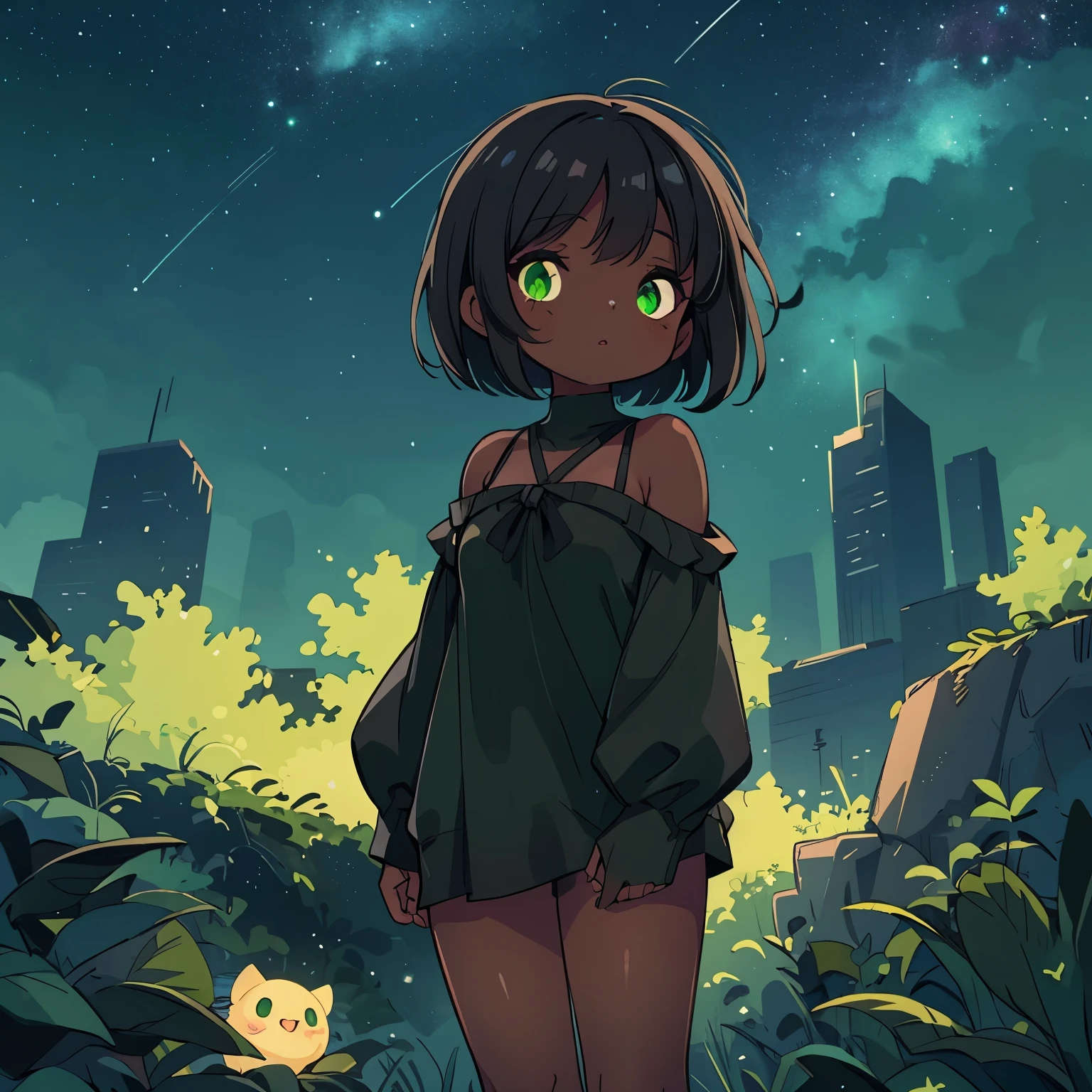 Cute, , (()), Small breasts, big thighs, bare shoulder, ((Black skin)), Black skin, green eyes, black hair, short hair, Cold weather blouse, green cold weather , bare legs, glowing eyes, 4k, starry sky, night,