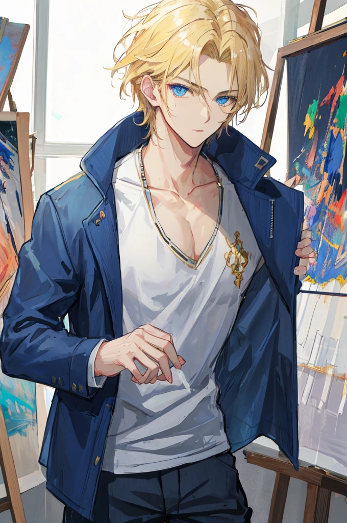 a handsome man,adult,blond,blue eyes,clavicle,Jacket,long trousers,art studio,