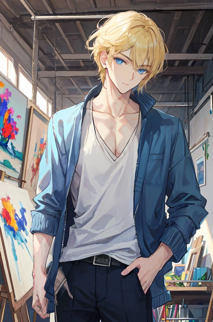 a handsome man,adult,blond,blue eyes,clavicle,Jacket,long trousers,art studio,
