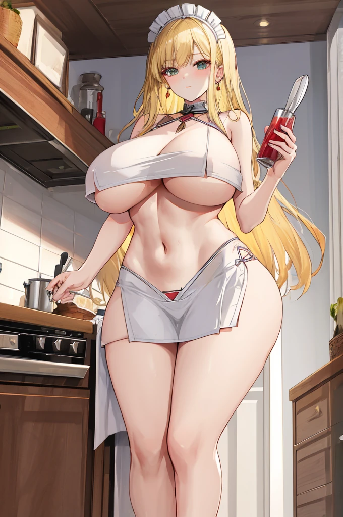 A woman with big ,Gorgeous woman,clavicle,Prominent and smooth underboob,long blonde hair,Chief maid,exquisite,thin waist,pubic,long legs,kitchen,,