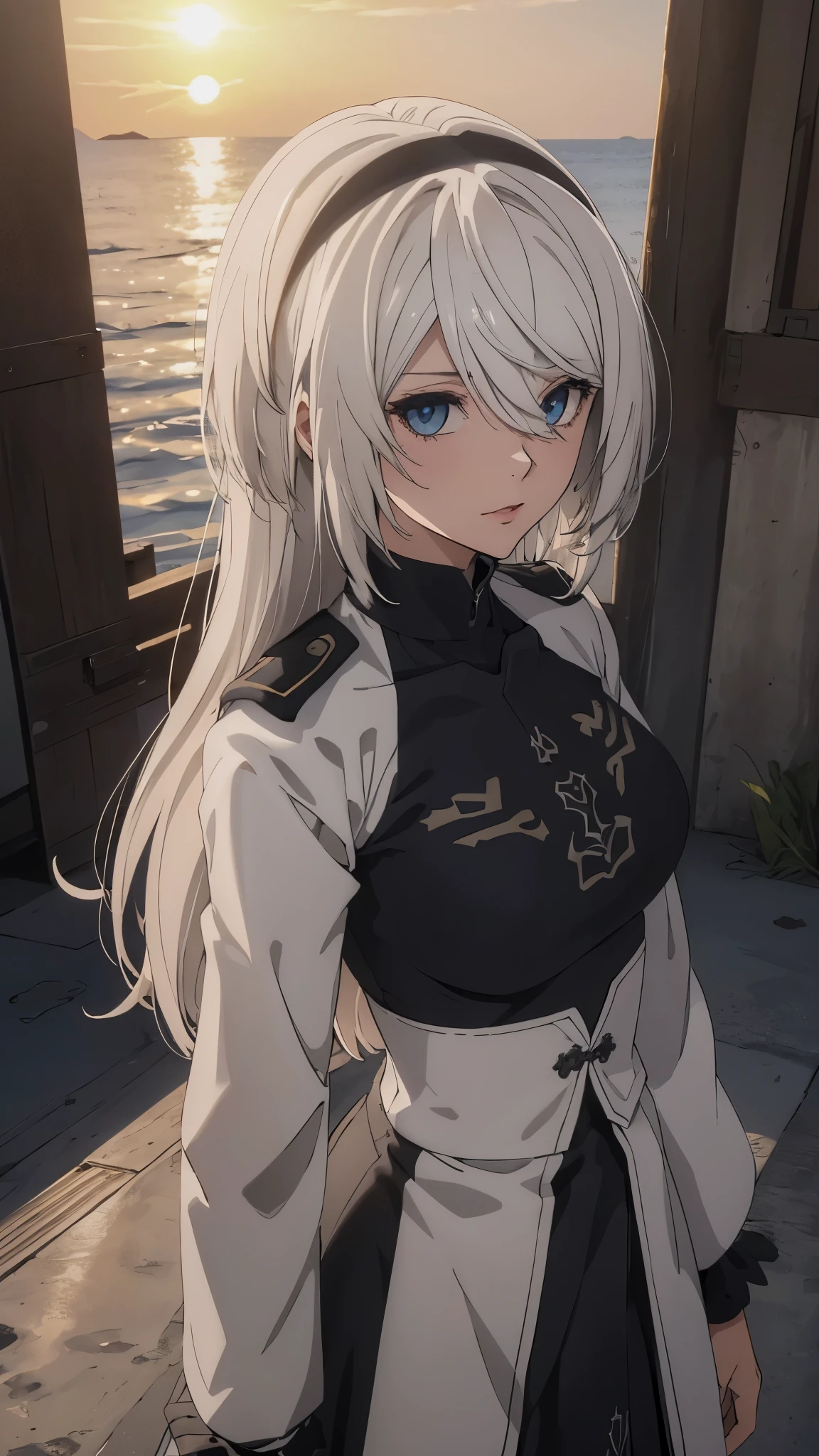 The Perfect Girl, perfect details, Ultra HD |, 8K, Professional photo(extremely detailed CG unity 8k wallpaper), (masterpiece), (best quality), (ultra-detailed), (best illustration), (best shadow), (absurdres), 2b, 1girl, long hair, normal size , white hair, Intimidating women, admiral uniform, night, hero pose, white clothes, General Uniform, Military Uniform, Dawn, exposed to sunlight, commander, black clothes, sunkissed, sunset background,