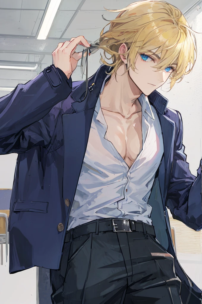 a handsome man,adult,blond,blue eyes,clavicle,Jacket,long trousers,School,