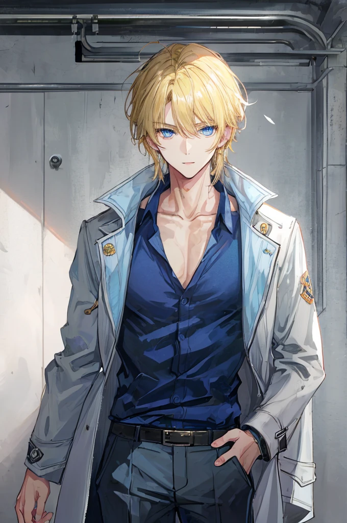 a handsome man,adult,blond,blue eyes,clavicle,Jacket,long trousers,School,