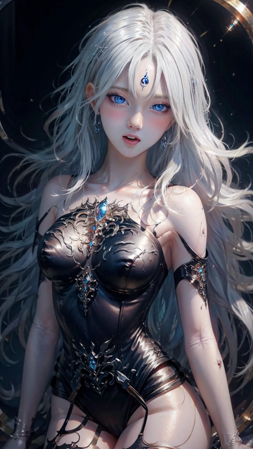 8K, Ultra High Definition, Super detailed, Shiny detailed hair, detailed face, fantasy landscape, solo, looking at viewer, {{best quality}}, {{masterpiece}}, {{ultra-detailed}}, {detailed light}, ultra high quality eyes, detailed eyes, perfect eyes, large eyes, detailed blue eyes, white hair, long hair, adorned hair, beautiful, skinny body, white skin, slutty, erotic, suggestive, sitting with legs open, open legs, blushing, open mouth, ahegao, ((nsfw))