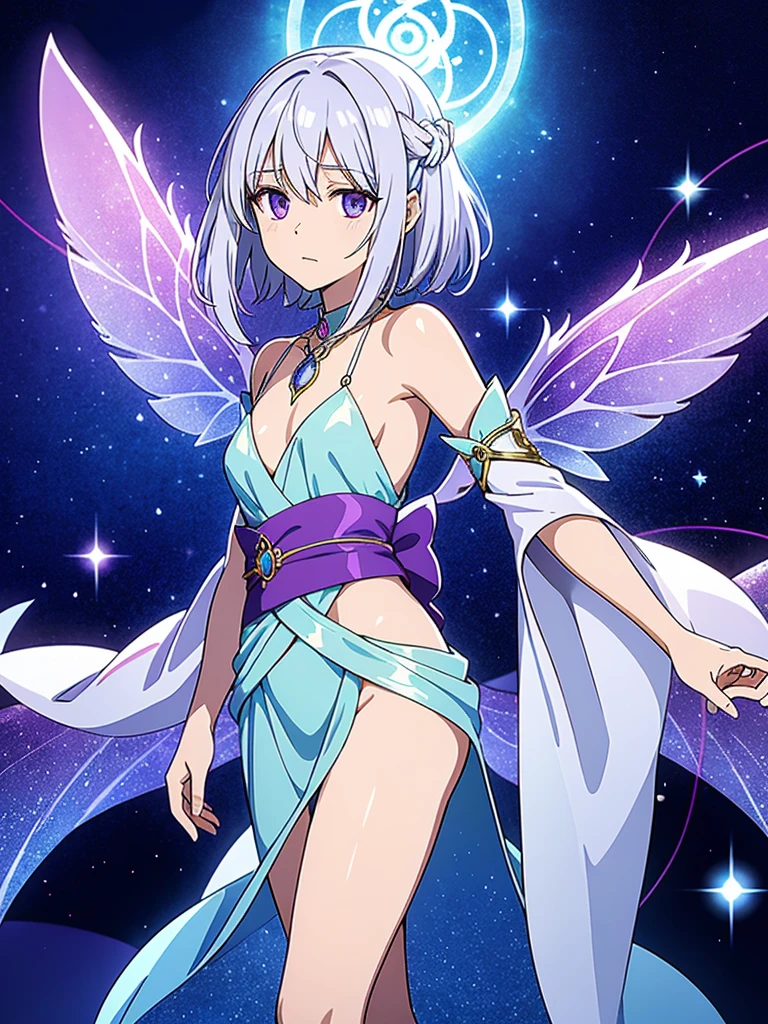 Kazuki Aetherwind possesses an ethereal and enchanting appearance in the magical realm of Eldoria. Her silver-white hair flows like moonlight, framing a face adorned with subtle runic tattoos that softly illuminate when touched by magical energies. Her eyes, a captivating shade of amethyst, hold a mysterious depth, reflecting a profound connection to the mystical forces surrounding her. A pair of translucent, iridescent wings extend gracefully from her back, symbolizing her affinity with the spirits of the air. These wings add an otherworldly elegance to her silhouette as they catch the ambient magical light. Kazuki's attire is a blend of magical elegance and functionality. Draped in a midnight-blue robe adorned with celestial patterns, each step seems to leave traces of stardust in her wake. A silver sash wraps around his waist, securing a vial filled with shimmering stardust—a magical catalyst for her enchantments. Her hands, adorned with ornate silver rings, possess a delicate yet powerful touch capable of weaving intricate spells. Around her neck, a crystal amulet radiates a soft glow, reflecting her mastery over the arcane energies that course through her. In this magical world, Kazuki Aetherwind stands as a living embodiment of the enchanting energies that permeate Eldoria, her presence resonating with the mystic beauty of the realm.