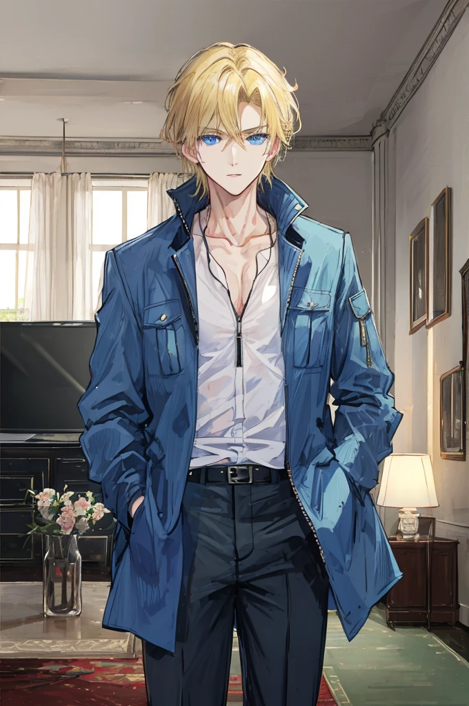 a handsome man,adult,blond,blue eyes,clavicle,Jacket,long trousers,(Very detailed background,living room),