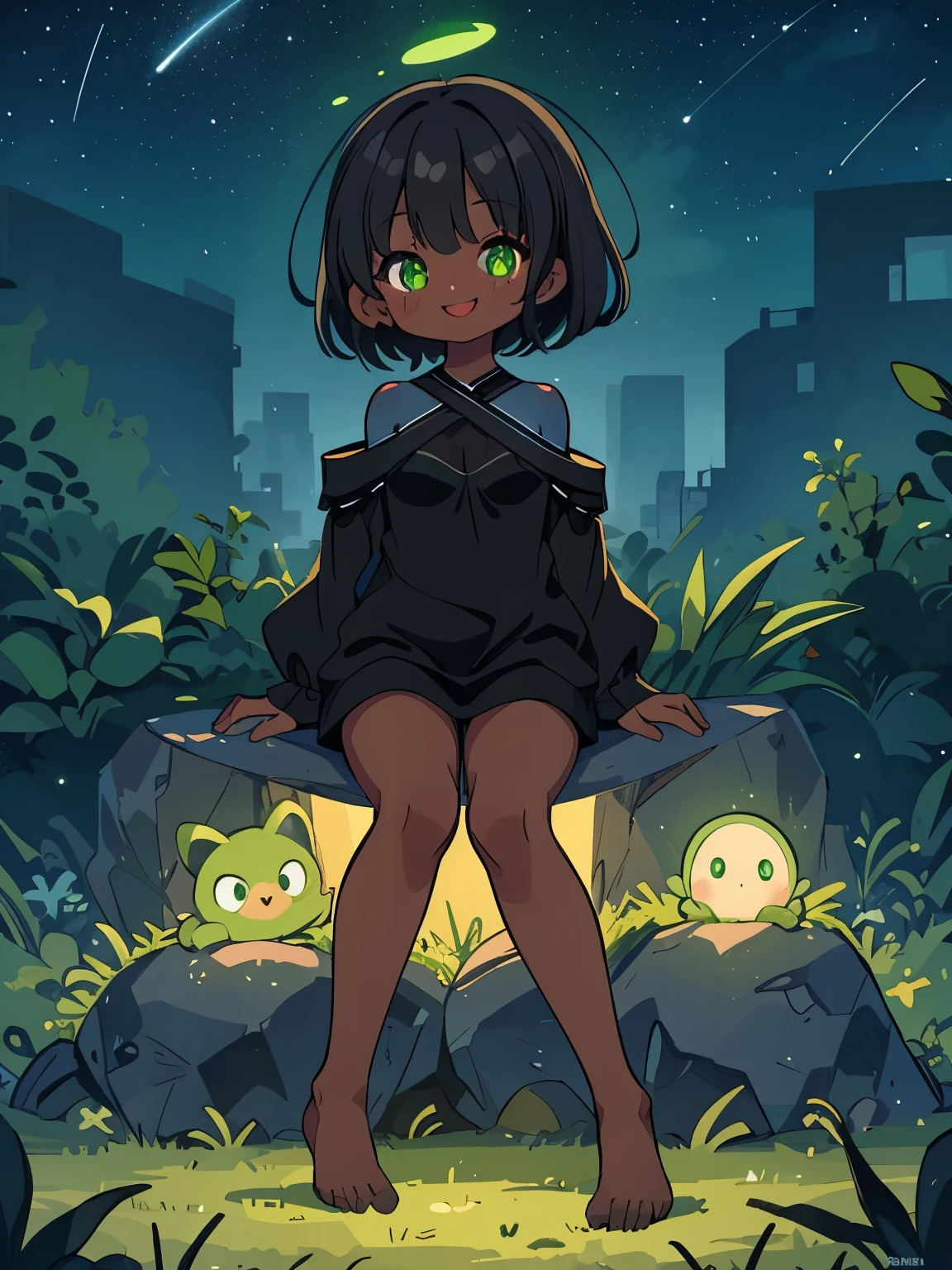 Cute, , (()), Small breasts, big thighs, bare shoulder, ((Black skin)), Black skin, green eyes, black hair, short hair, Cold weather blouse, green cold weather , bare legs, glowing eyes, 4k, starry sky, night, Moon, Incredible eyes, Sitting, Black shorts, short shorts,