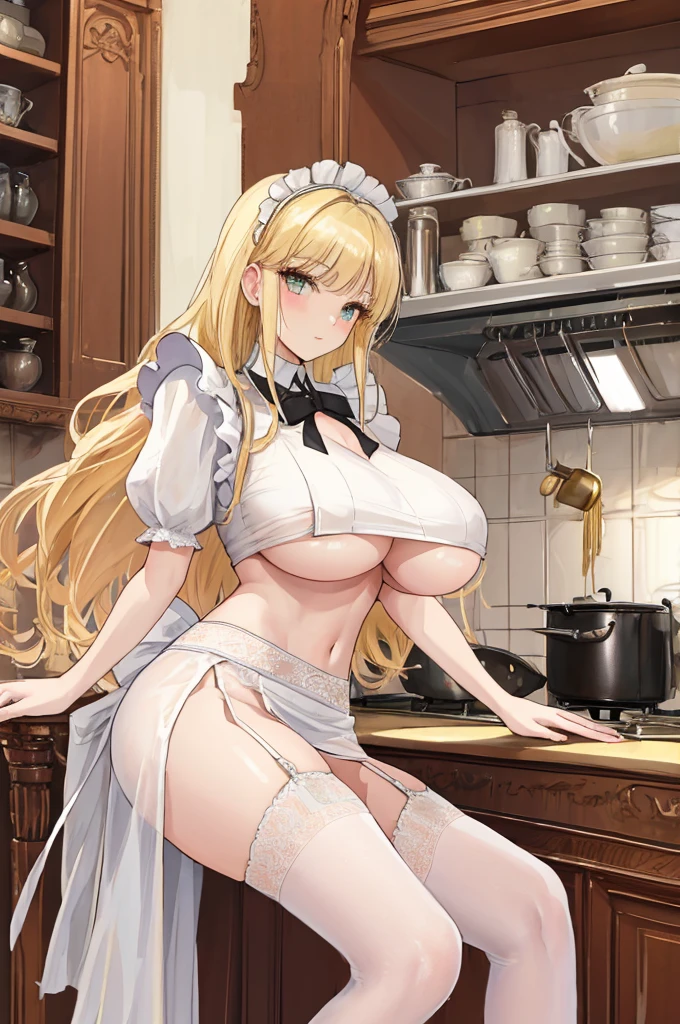 A woman with big ,Gorgeous woman,victorian style,clavicle,Prominent and smooth underboob,long blonde hair,Chief maid,exquisite,thin waist,pubic,Garter stockings,long legs,kitchen,,