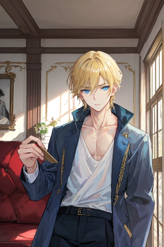 a handsome man,adult,blond,blue eyes,clavicle,Jacket,long trousers,gentle expression,(Very detailed background,living room),