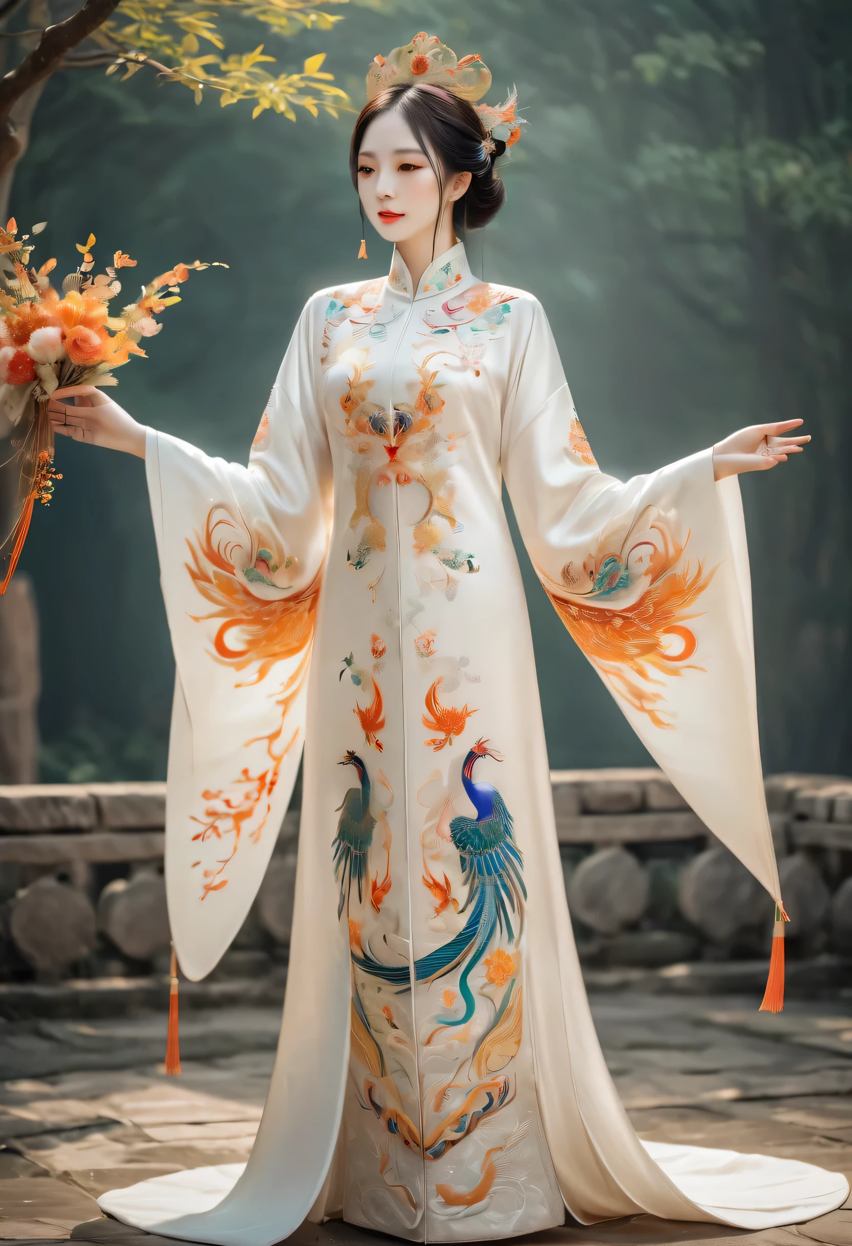 a white embroidered robe，phoenix embroidery，Chinese clothing design，Silk fabric，Symmetrical style，Full body queen, masterpice, hanfu, chinese palace background