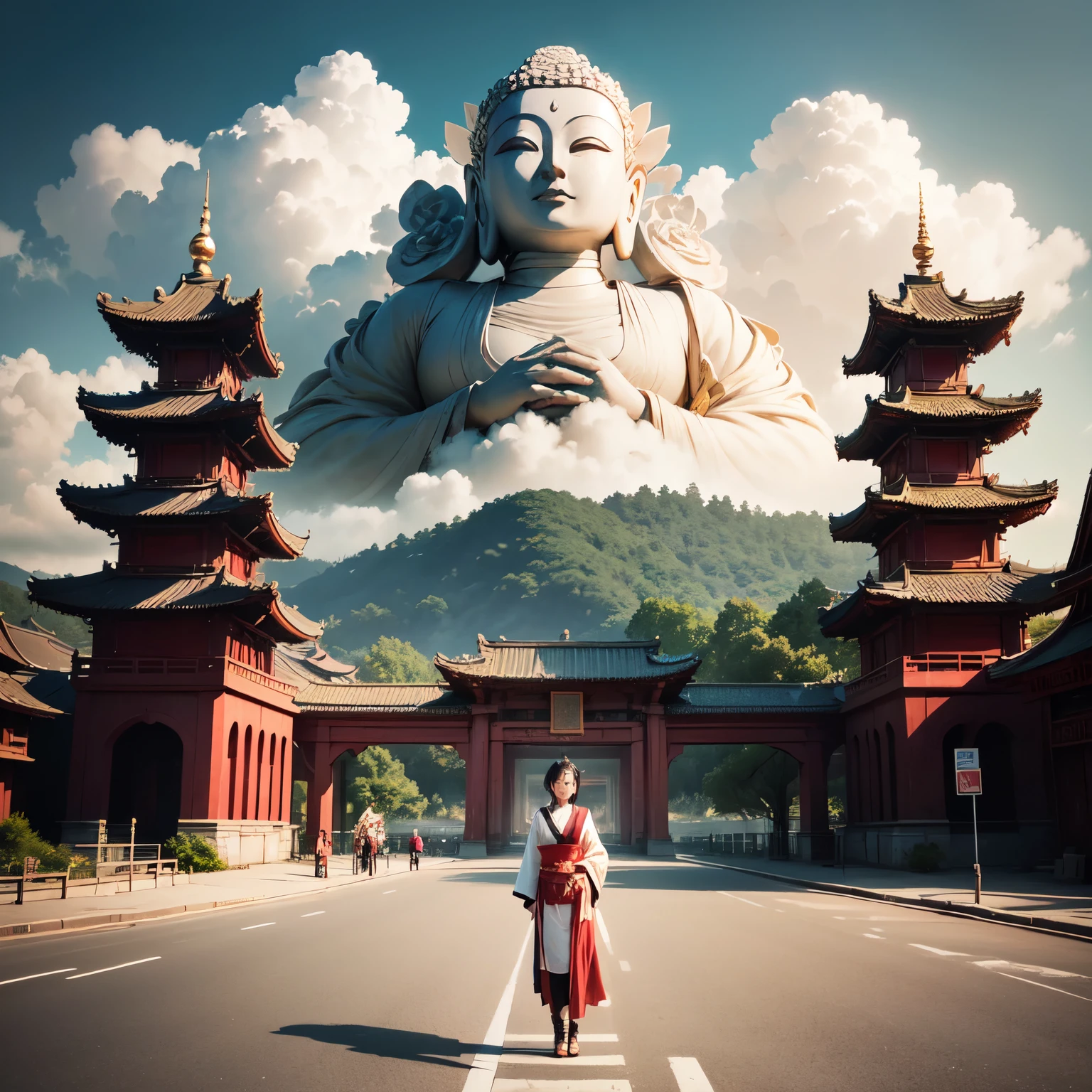 ((masutepiece)),(Best Quality)),china style,In the sky, The clouds form a huge transparent and shining white jade Maitreya Buddha image,Thick clouds,sun shining,Pilgrims on the road,Hyper-realistic,Ultra photo realsisim,Real Photographics,8K,High Definition,high quarity,Works of masters,super-fine,(((OC Renderer)))