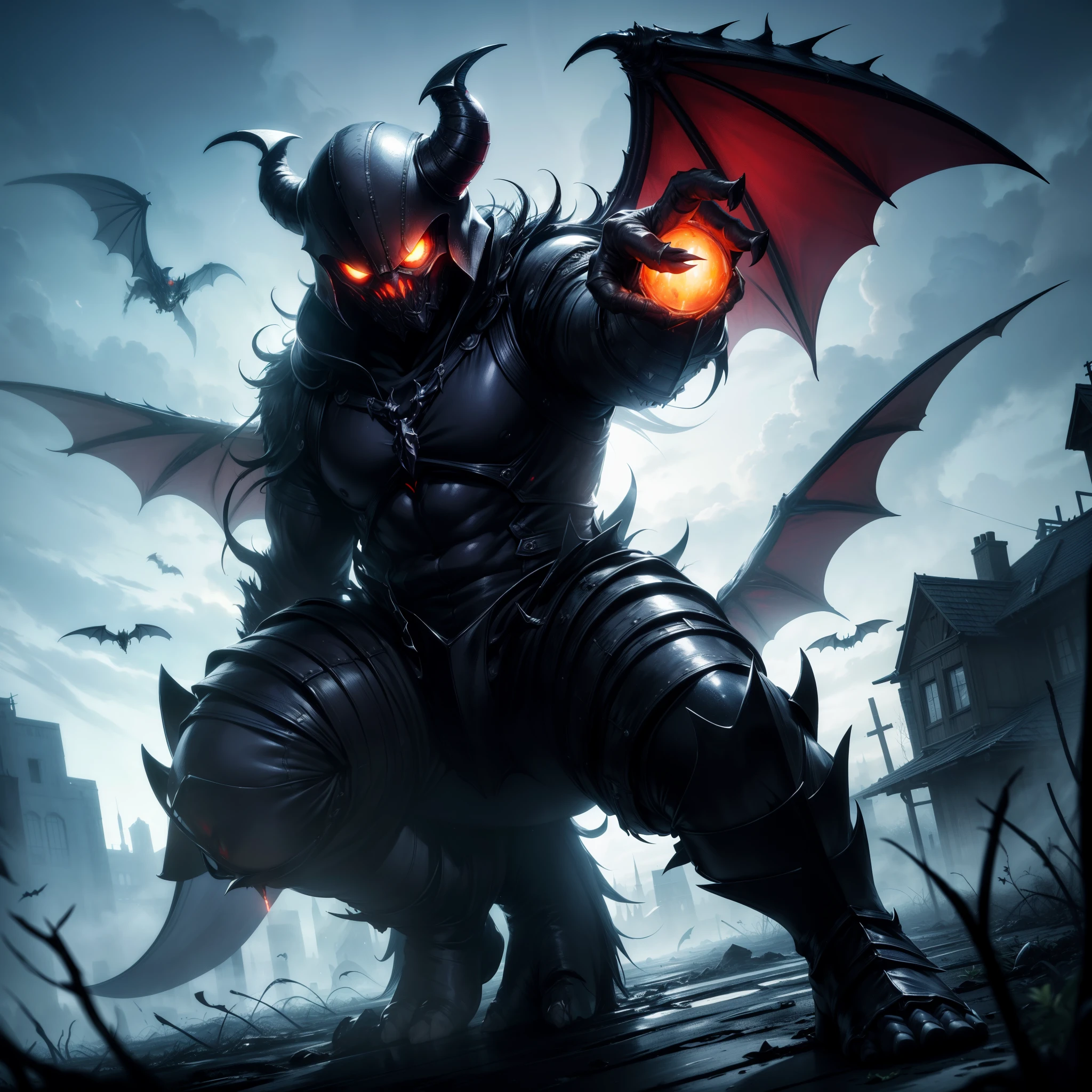 (masterpiece), (ultra-detailed), (masterpiece), (best-quality), (ultra-detailed), shadowy figure, dark lightning, high contrast, spectral wings, bat wings, red eyes, hovering in the air, staring at the viewer, horror-theme, monster, creature, humanoid, claws, pointed feet, dark helmet, demonic horns, eldritch horror