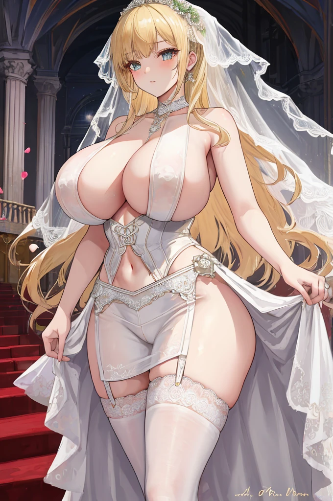 A woman with big ,Gorgeous woman,victorian style,clavicle,Prominent and smooth underboob,long blonde hair,bride,Wedding dress,exquisite,Gorgeous,Intricate details,thin waist,pubic,Garter stockings,long legs,auditorium,