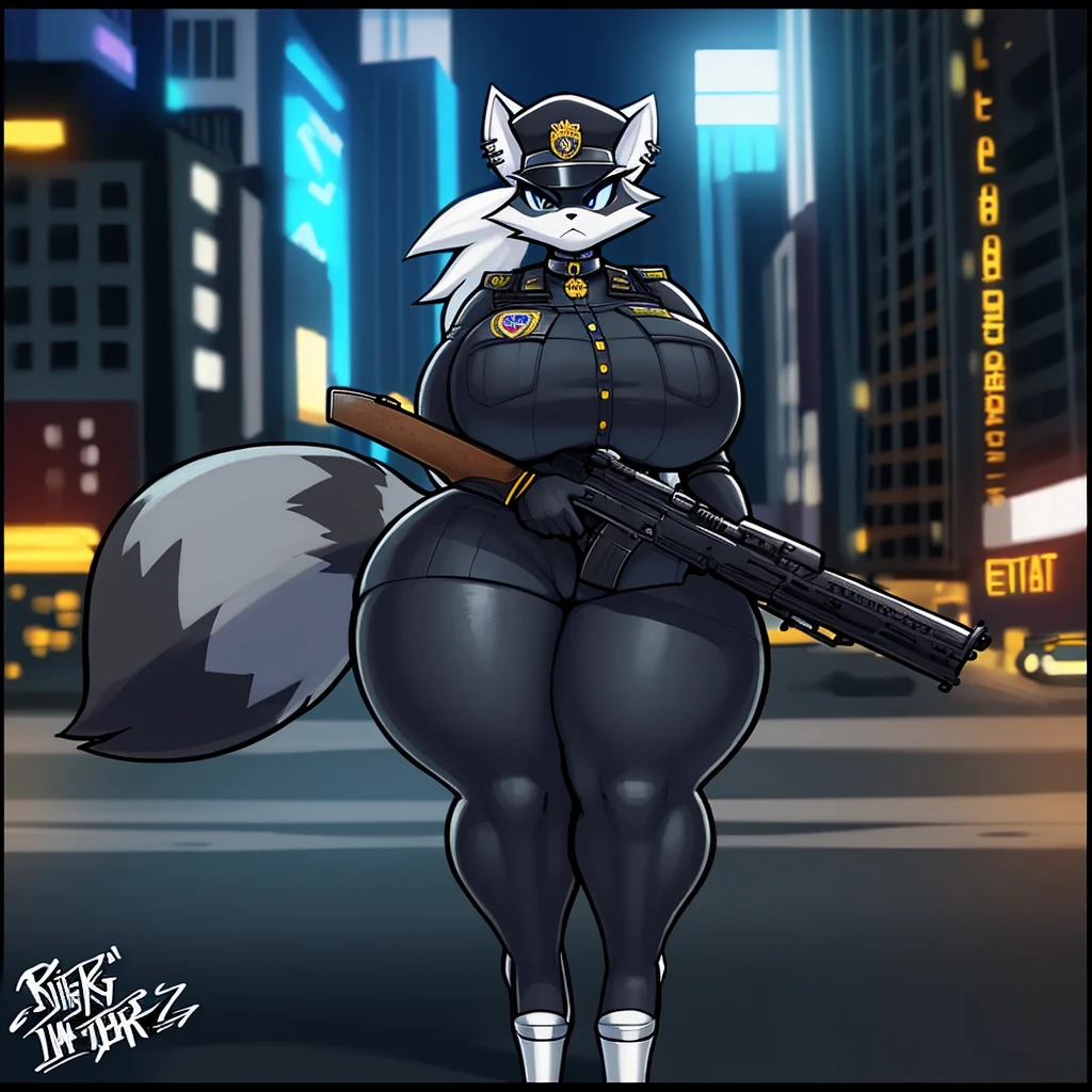 by sligarthetiger, by r-mk, (large breasts), (wide hips), (thick thighs), (big butt), furry, anthro, raccoon, high heels, best quality, illustration, tail, swat car, white inner ear, annoyed, choker, new york city, platform heels, grey body, piercings, swat uniform, solo, solo focus, badge, tactical, armor, holding a rifle, holding a gun, assault rifle, night, black uniform, tactical uniform, depth of field, headwear, head wear,