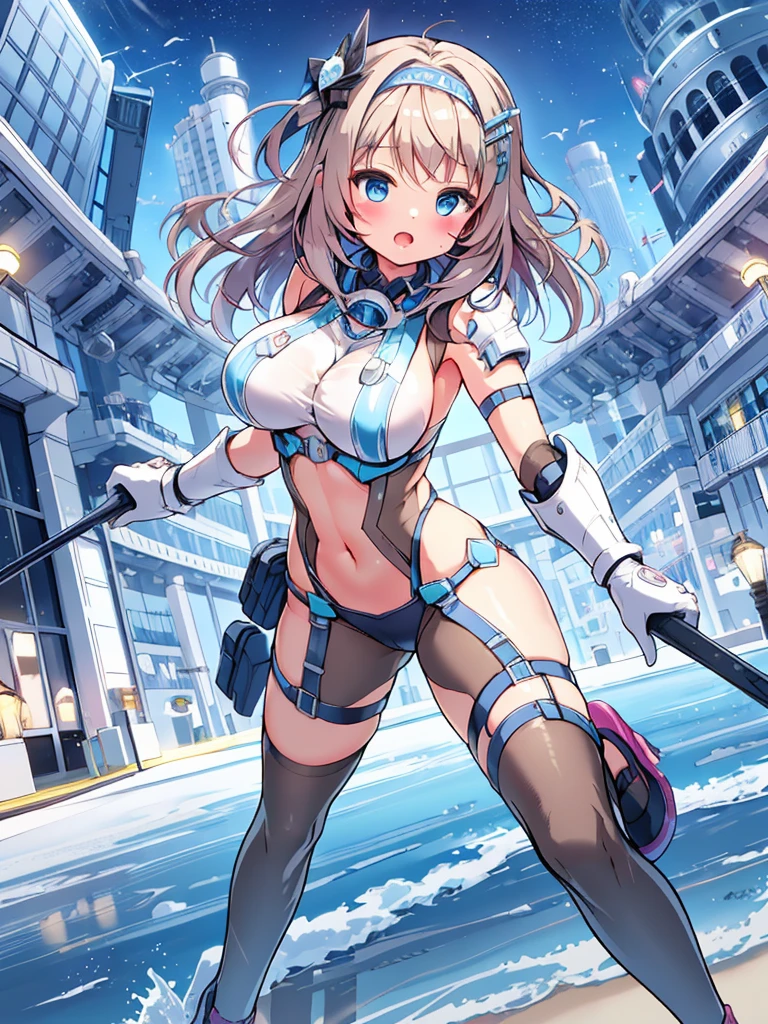 extreme detail,masterpiece,future city,with a girl (Energy Shield):1.3,Tight Fit Bodysuit,protect yourself from danger,use a shield in battle,Futuristic buildings,flying car,the shield becomes brighter,repel the invaders