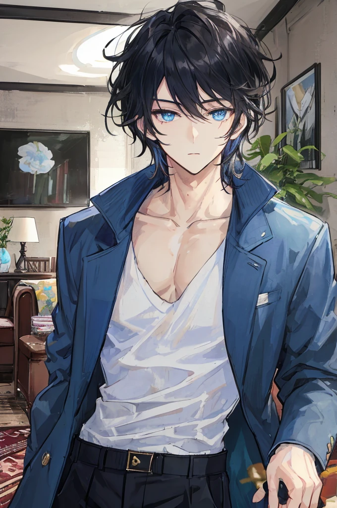 a handsome man,adult,black hair,blue eyes,clavicle,Jacket,long trousers,gentle expression,(Very detailed background,living room),