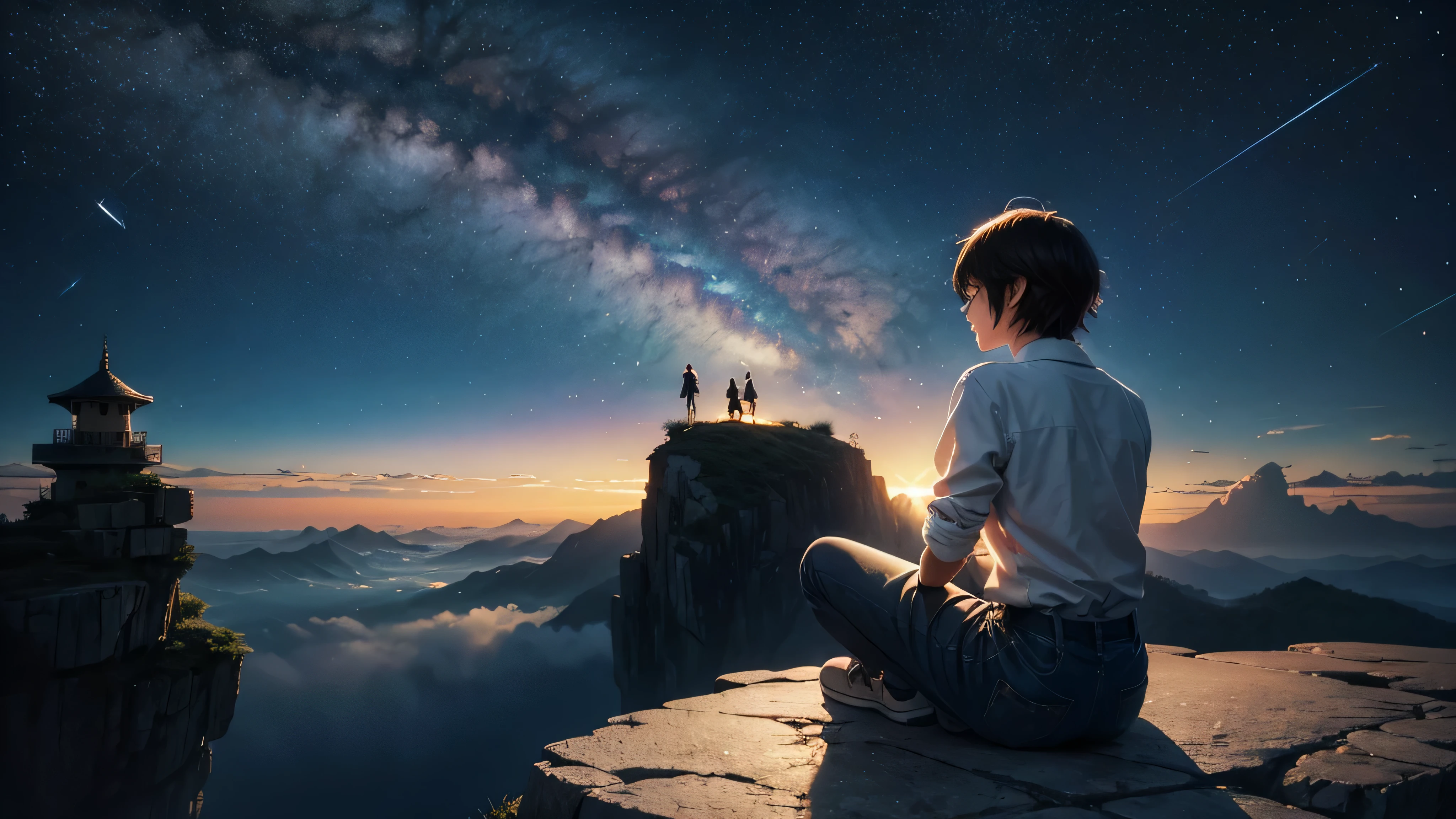 anime girl sitting on a rock looking at the sky,a sky piercing tower far far away, makoto shinkai cyril rolando, anime art wallpaper 4 k, anime art wallpaper 4k, cyril rolando and goro fujita, anime art wallpaper 8 k, 4k anime wallpaper, anime wallpaper 4 k, anime wallpaper 4k, ( ( makoto shinkai ) ), makoto shinkai!