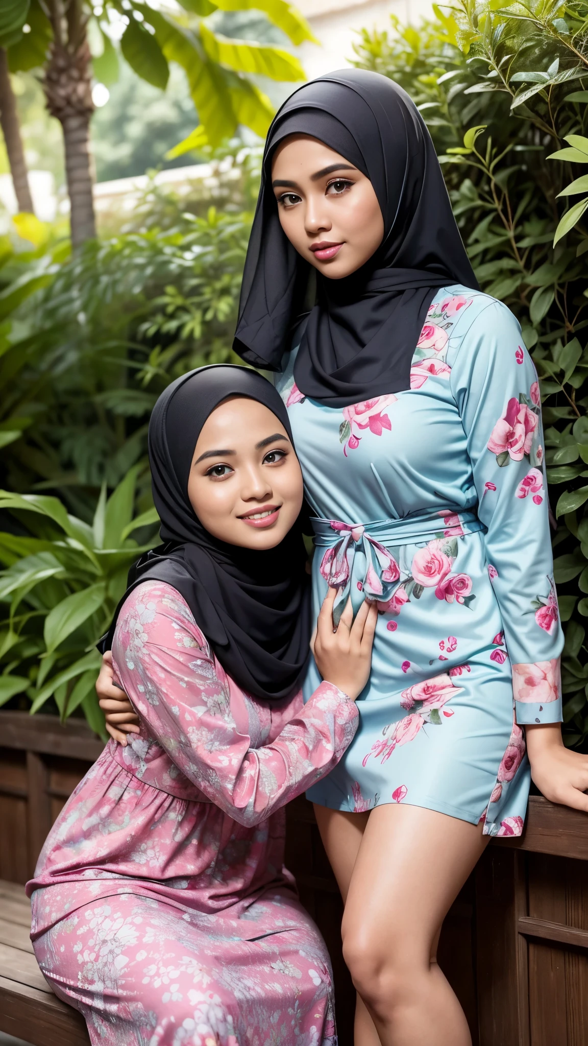 RAW, Best quality, high resolution, masterpiece: 1.3), Two beautiful Malay woman in hijab,Masterpiece, perfect fit body, big breast, biggorgeous eyes, Soft smile,thick thighs,Malay girl in hijab wear small floral baju kurung malaysia in college,kissing in garden, Excellent lighting, Bright colors, Clean lines