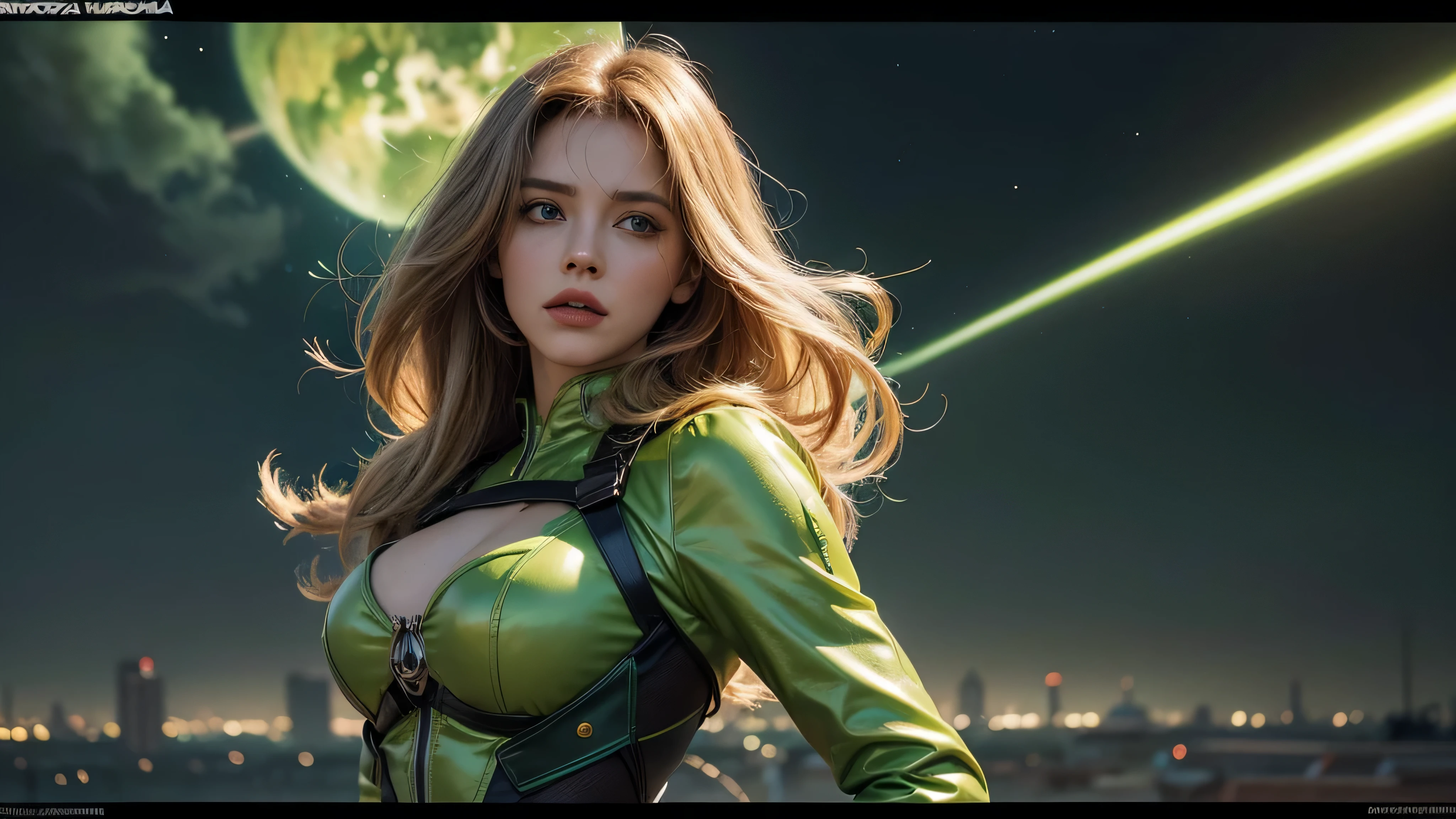 a close up of a woman in a green and yellow costume, heavy metal comic cover art, barbarella, ash thorp, official art, panoramic widescreen view, megadeth, matte coloring, 1970s, syndicate(2012), psionic, nebula, by Juan Giménez, 1 9 7 0 s  