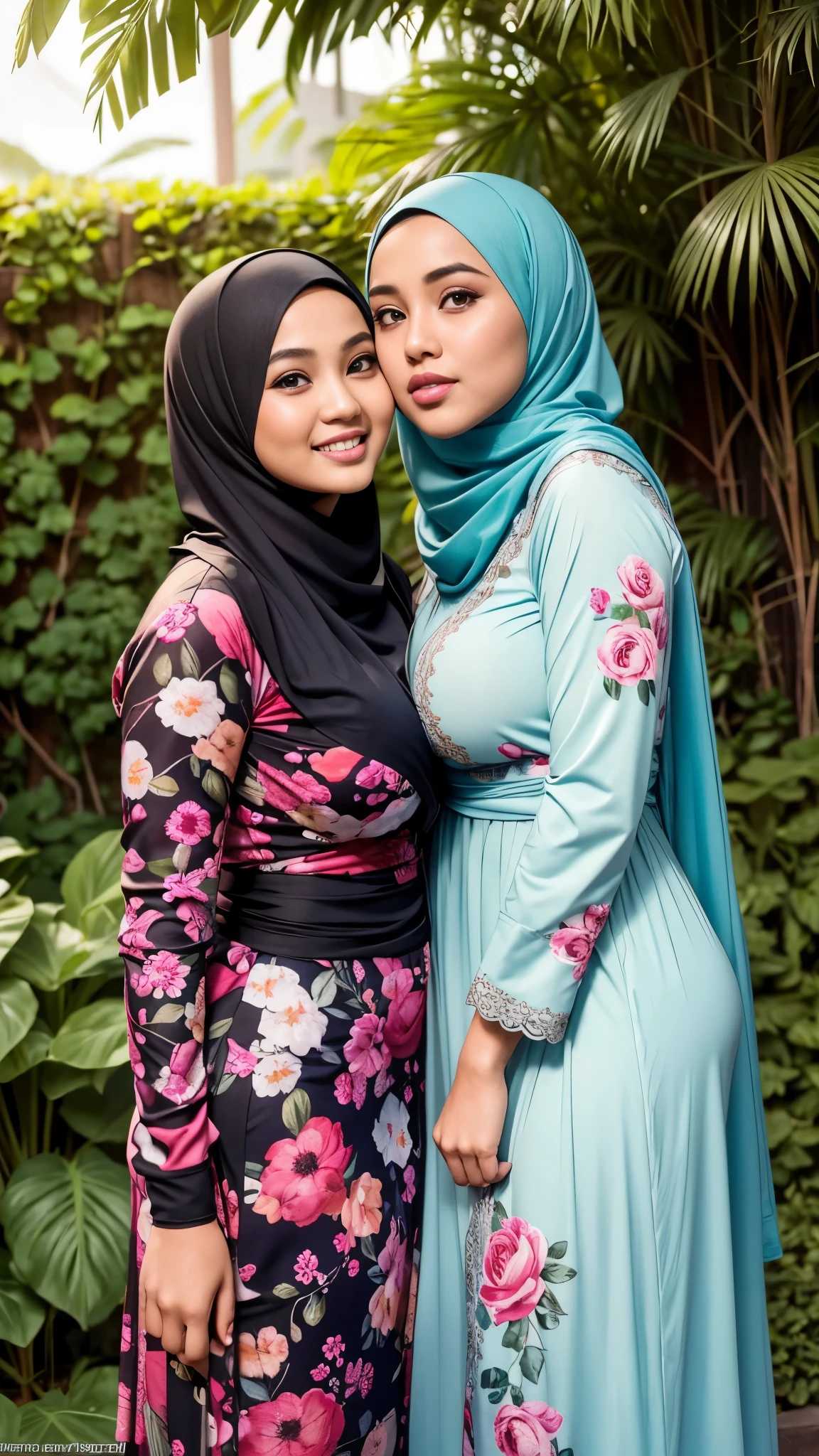 RAW, Best quality, high resolution, masterpiece: 1.3), Two beautiful Malay woman in hijab,Masterpiece, perfect fit body, big breast, biggorgeous eyes, Soft smile,thick thighs,Malay girl in hijab wear small floral baju kurung malaysia in college,kissing in garden, Excellent lighting, Bright colors, Clean lines