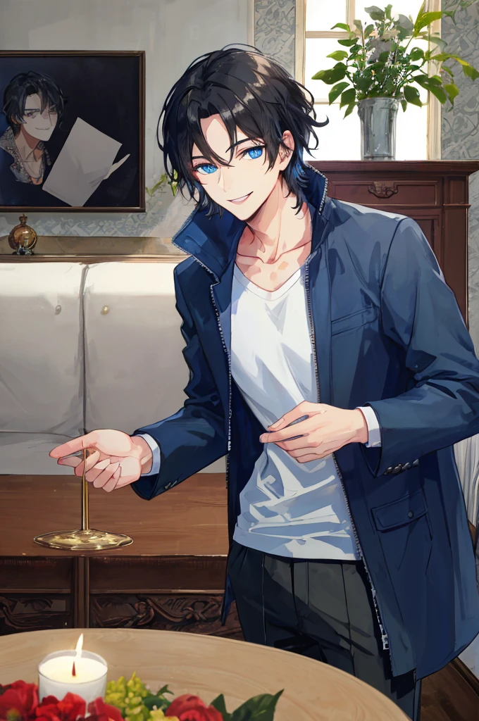 a handsome man，adult，black hair，blue eyes，clavicle，Jacket，long trousers，gentle，Smile，(Very detailed background，living room)，