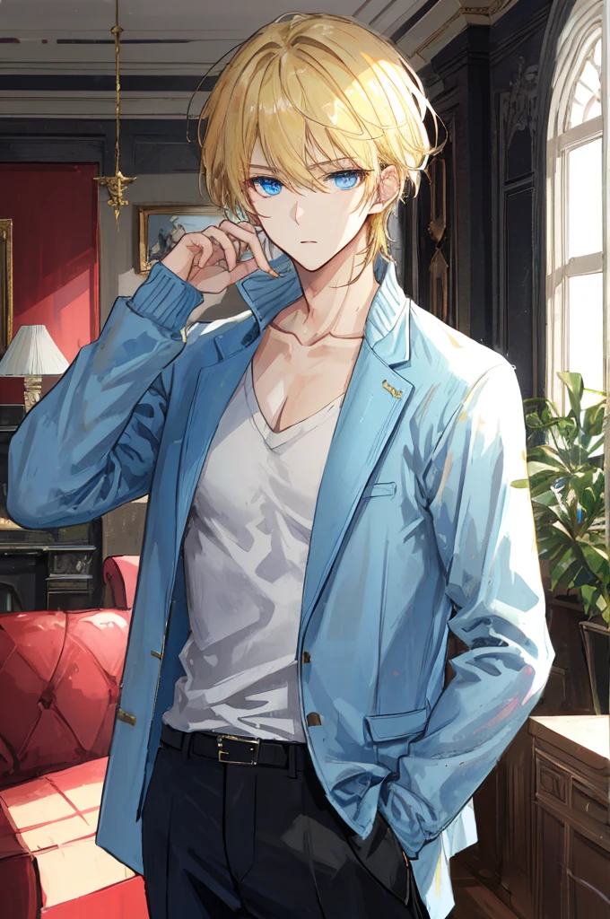 a handsome man,adult,blond,blue eyes,clavicle,Jacket,long trousers,gentle expression,(Very detailed background,living room),
