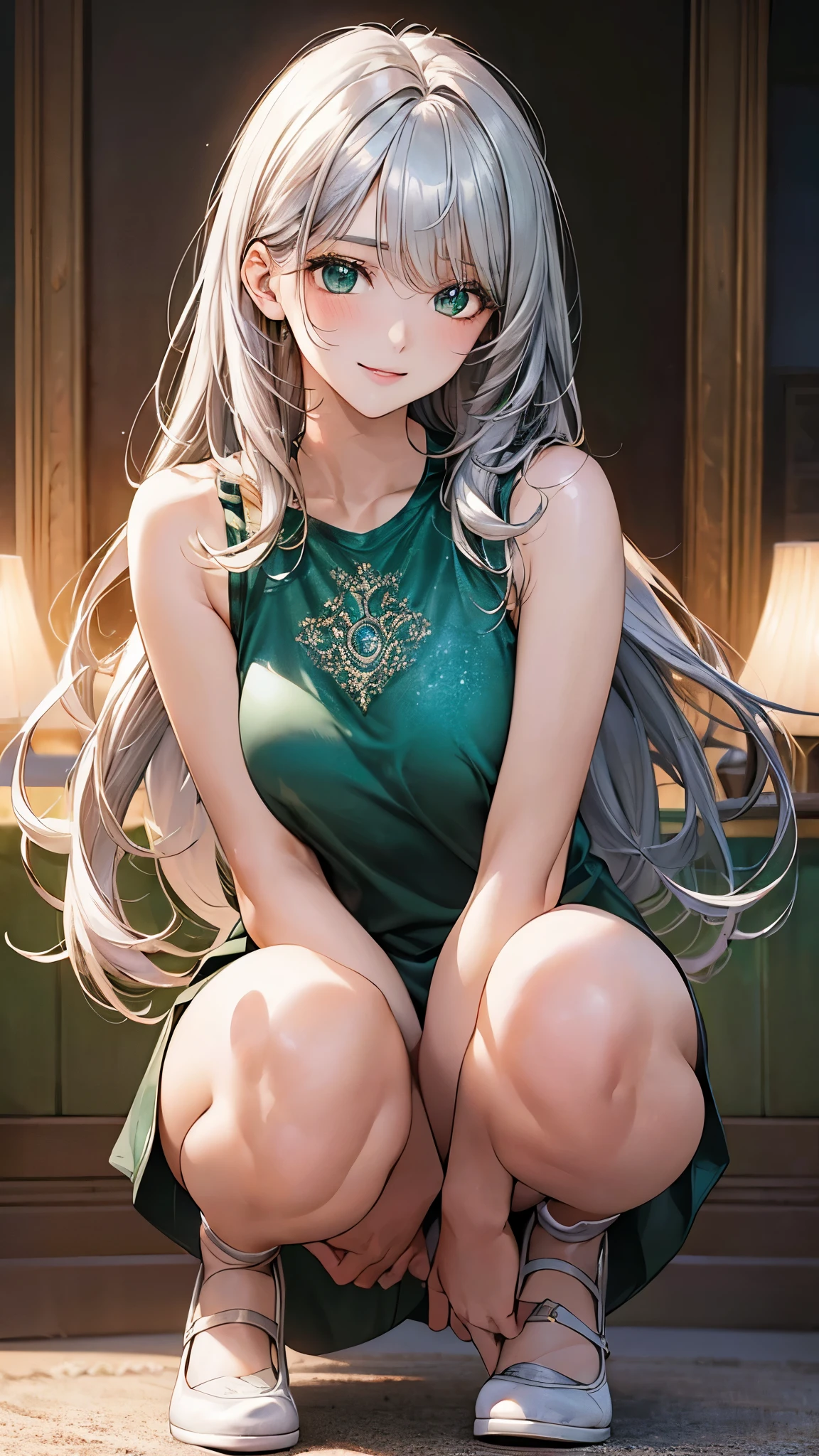(masterpiece:1.2, top-quality), (realistic, photorealistic:1.4), beautiful illustration, (natural side lighting, movie lighting), nsfw,
looking at viewer, panty shot, front view:0.6, 1 girl, japanese, high school girl, perfect face, cute and symmetrical face, shiny skin,
(long hair:1.5, messy hair:1.2, silver hair), swept bangs, emerald green eyes, drooping eyes, long eye lasher, (large breasts:0.6),
beautiful hair, beautiful face, beautiful detailed eyes, beautiful clavicle, beautiful body, beautiful chest, beautiful thighs, beautiful legs,
((symmetrical clothing, emerald green tank dress), light blue stripe panty),
(beautiful scenery), night, girl's room, round carpet, modern, sitting bed, (lovely smile, upper eyes),