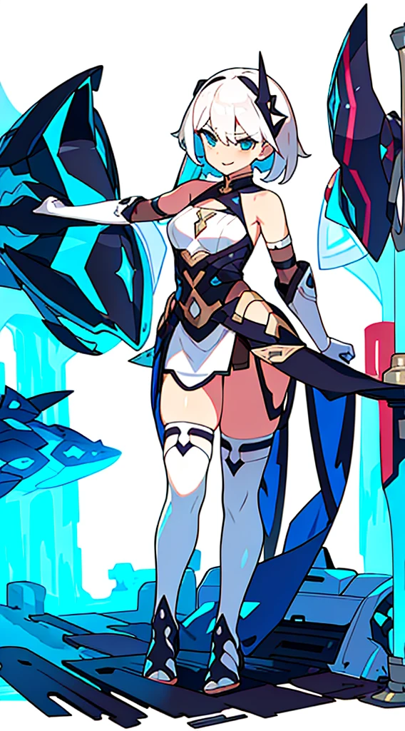 bustier, (((white background))), standing, fantasy clothes, thigh high, bare arms, bare shoulders, elbow gloves,