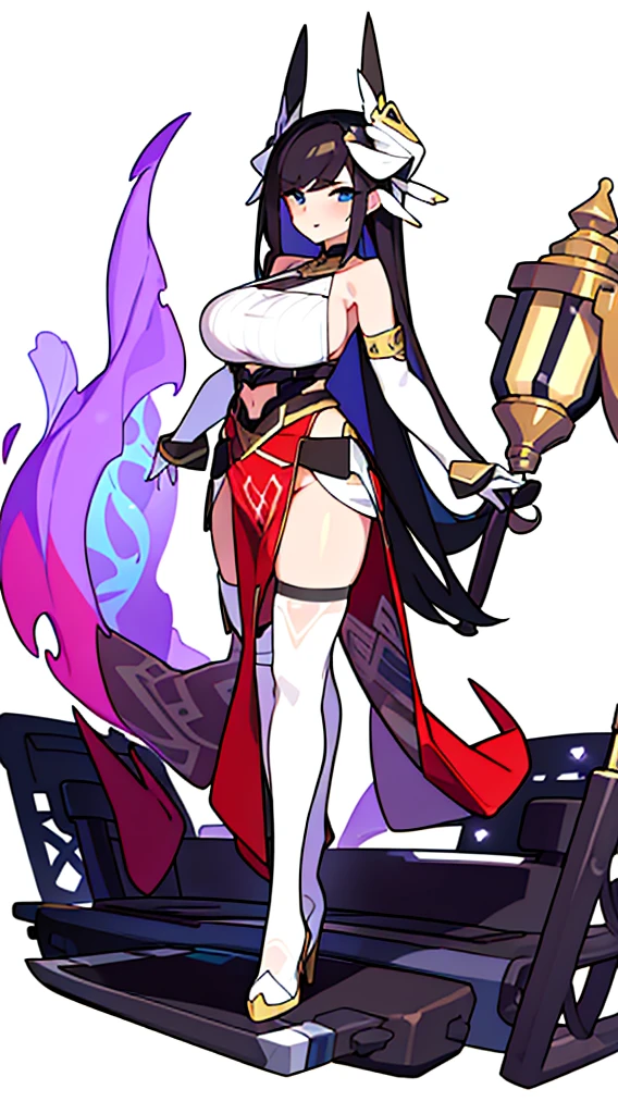 bustier, (((white background))), standing, fantasy clothes, thigh high, bare arms, bare shoulders, elbow gloves,